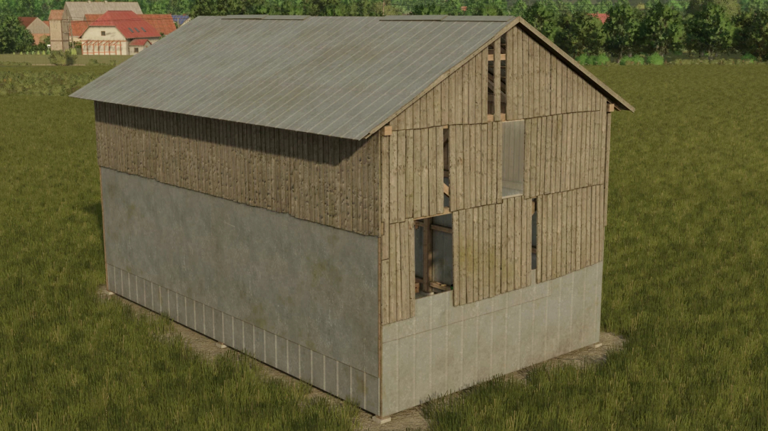 Harvester Shed v1.0.0.0 mod for FS25 in a grassy field, featuring a rustic wooden and metal structure.