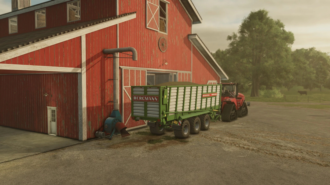 FS25 mod Hay Loft v1.0.0.0 with tractor and trailer beside red barn