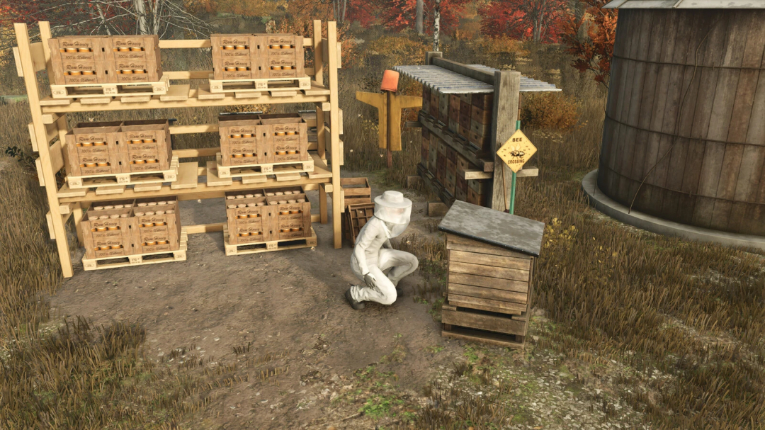 FS25 mod features a beekeeper near honey pallet racks by hives, titled Honey Pallet Rack v1.0.0.0.