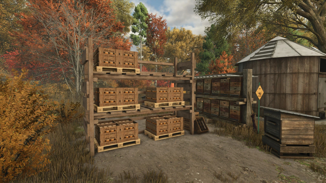 FS25 mod Honey Pallet Rack v1.0.0.0 showcasing wooden crates of honey stacked on racks in a rustic outdoor setting.