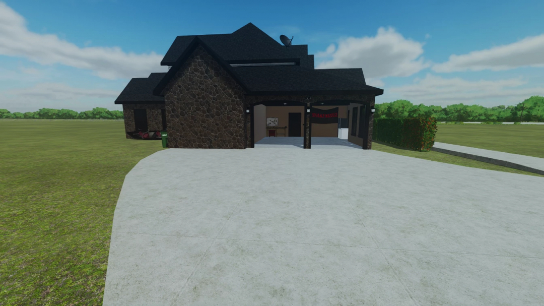 FS25 mod House 4Bed3Bath Style2 v1.0.0.0 showcasing a modern stone house in Farming Simulator 25.