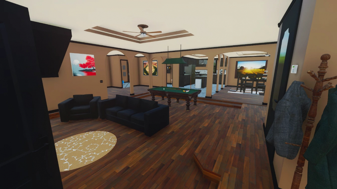 Interior of House 4Bed3Bath Style2 mod in FS25, featuring a living area with couches, pool table, and artwork.