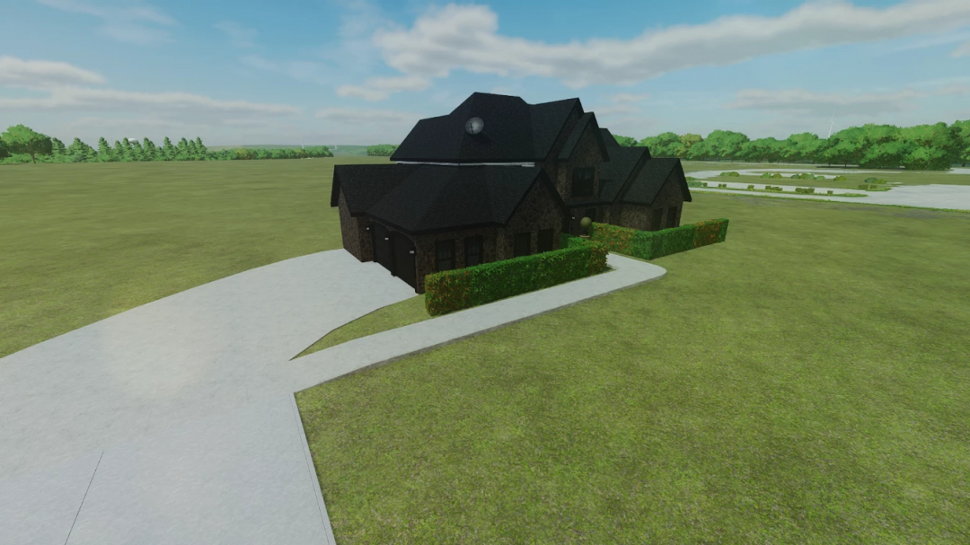 House 4Bed3Bath Style2 mod for FS25 showing a large countryside home with hedges and driveway.