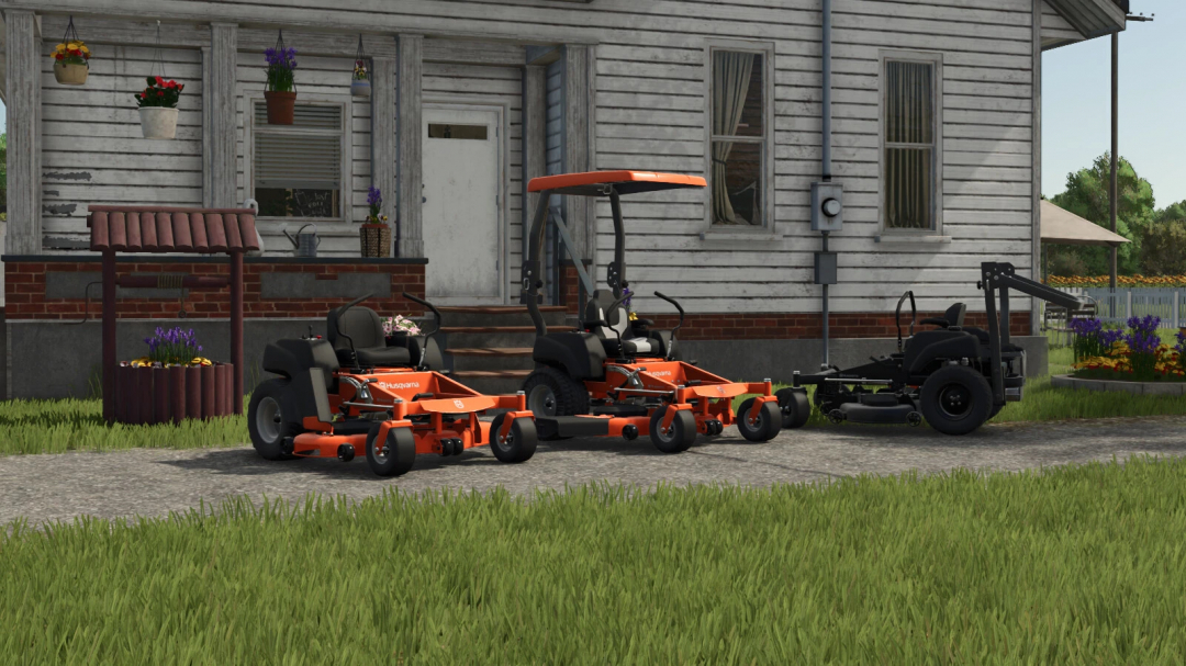 FS25 mod image showing Husqvarna MZ54 lawn mowers parked in front of a house.