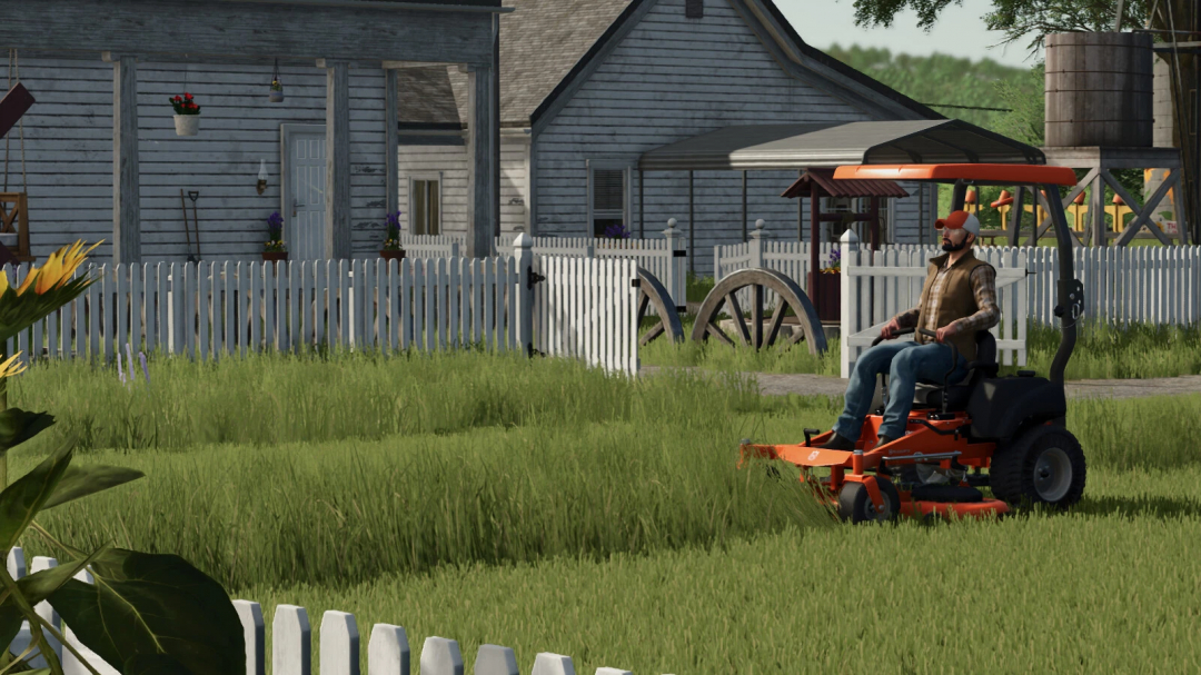 A character using the Husqvarna MZ54 mower mod in FS25, cutting grass in front of a farmhouse.