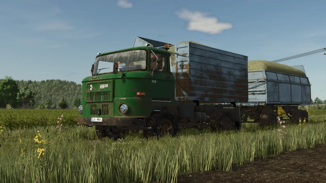 IFA L60 LKW mod for Farming Simulator 25, showcasing a green truck with a trailer in a grassy field.