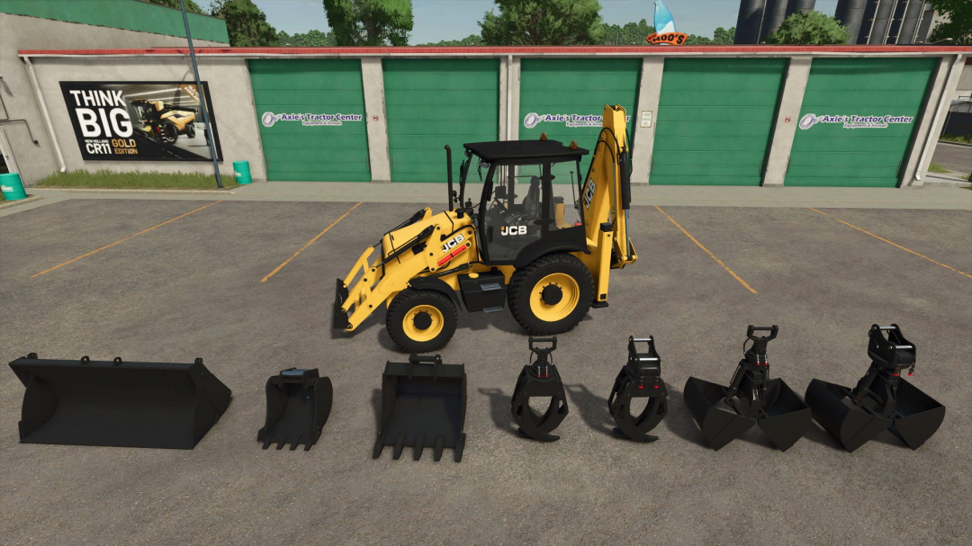 FS25 mod JCB Backhoe Loader v1.0.0.0 with various attachments displayed at a tractor center.