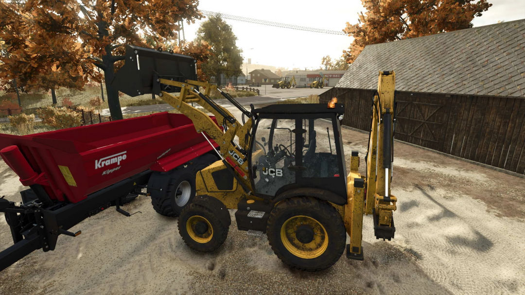 JCB Backhoe Loader v1.0.0.0 mod in FS25, showcasing a yellow loader attached to a red Krampe trailer in a rural setting.