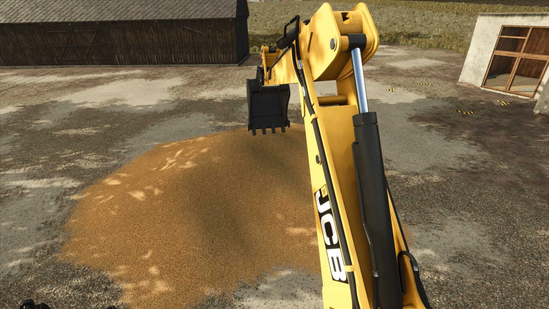 JCB Backhoe Loader lifting soil in Farming Simulator 25 mod.