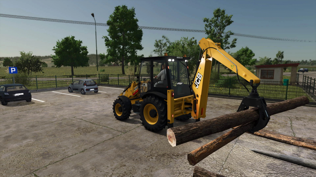 JCB Backhoe Loader mod for FS25 lifting logs in a parking lot, showcasing Farming Simulator 25 mods.