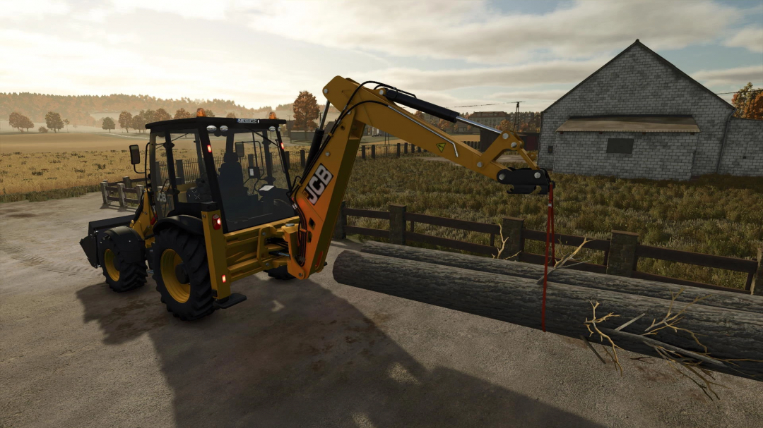 JCB Backhoe Loader in Farming Simulator 25 mod lifting a log. FS25 mods enhance gameplay experience.