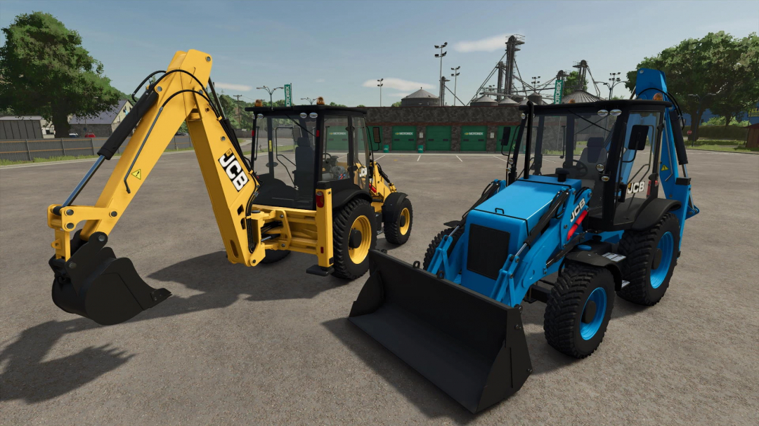 Two JCB backhoe loaders, one yellow and one blue, in Farming Simulator 25 mods.