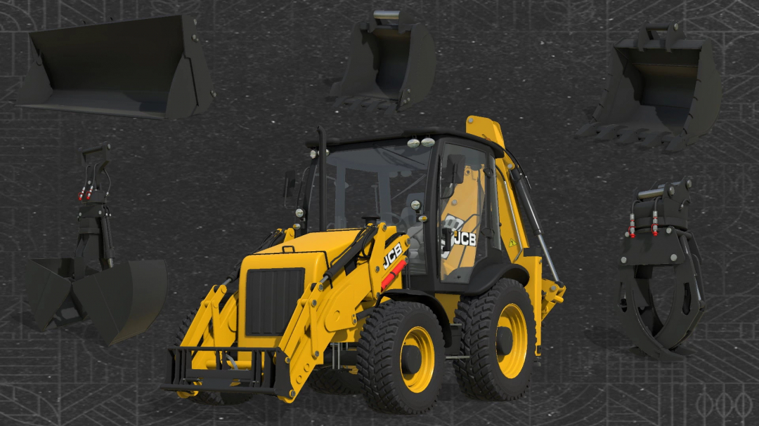 JCB Backhoe Loader mod v1.0.0.0 for Farming Simulator 25 with various attachments displayed.