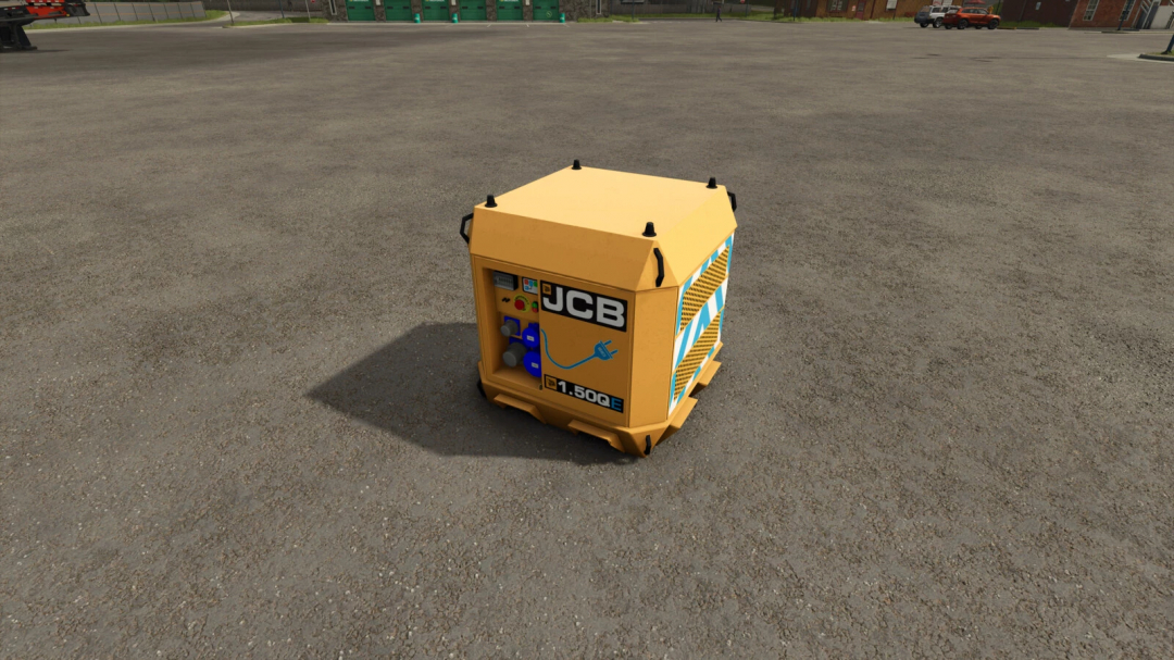 JCB E-tech Powerpack v1.0.0.0 mod in FS25, a compact yellow power unit on a paved surface.