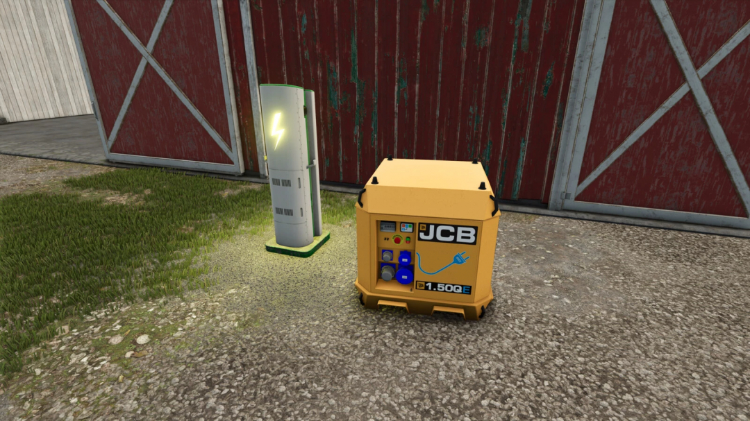 JCB E-tech Powerpack mod in FS25 next to a charging station, enhancing gameplay in Farming Simulator 25.