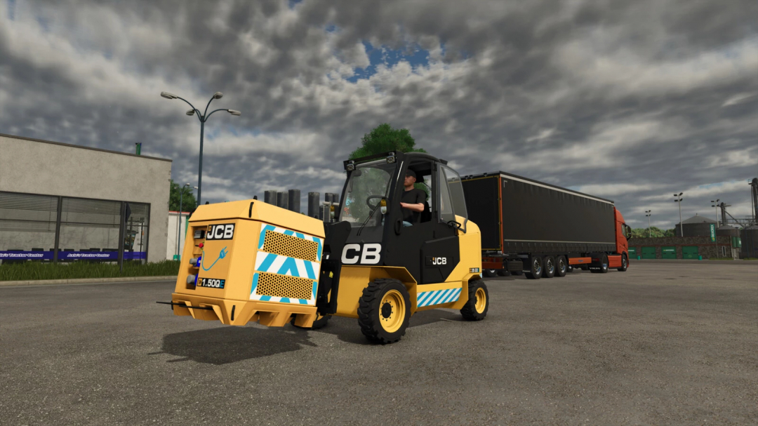 JCB E-tech Powerpack mod in Farming Simulator 25 with forklift on asphalt surface, featuring a cloudy sky background.