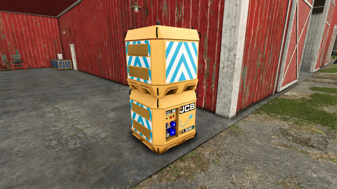 JCB E-tech Powerpack mod in Farming Simulator 25, showing a stacked yellow power unit inside a red barn.