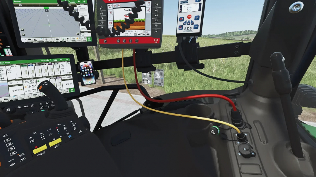 FS25 mod JOHN DEERE 6R XLarge v1.0.1.0 tractor cabin interface with various digital displays and controls.