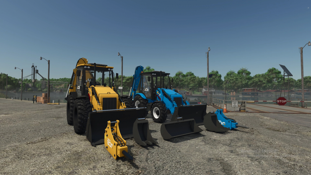 Two JCB loaders in yellow and blue with attachments in FS25 Jcb Cx3-Cx4 Mod Pack.