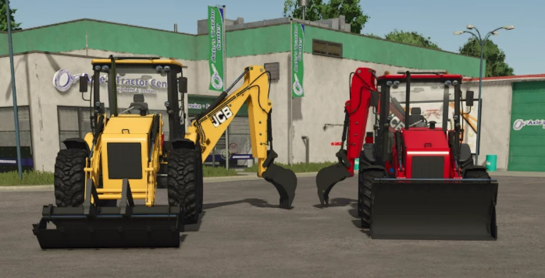 Front view of yellow and red JCB CX3-CX4 tractors from Farming Simulator 25 mods.