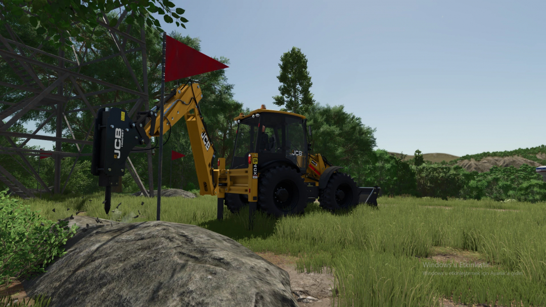 JCB Cx3-Cx4 Mod Pack in FS25 landscape, showing a yellow backhoe loader in grass.