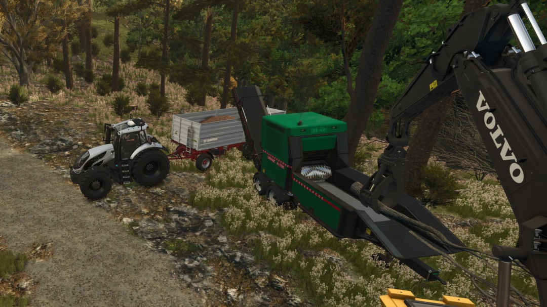 FS25 mods: Jenz BA 725 v1.1.0.0 in a forest setting, featuring a tractor with a trailer and wood chipper.