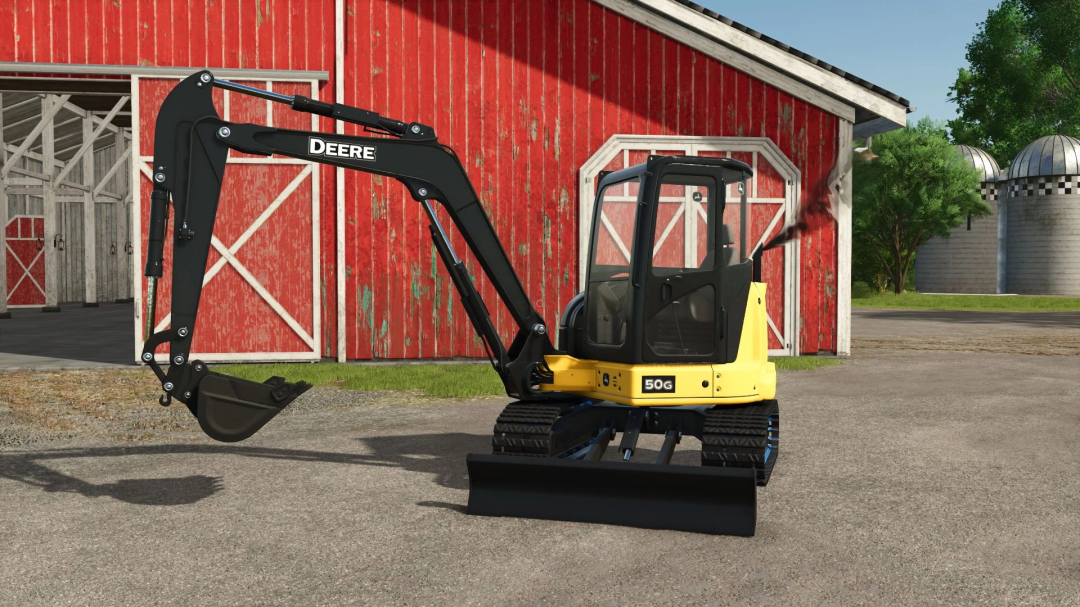 John Deere 50G excavator near red barn in FS25 mod.