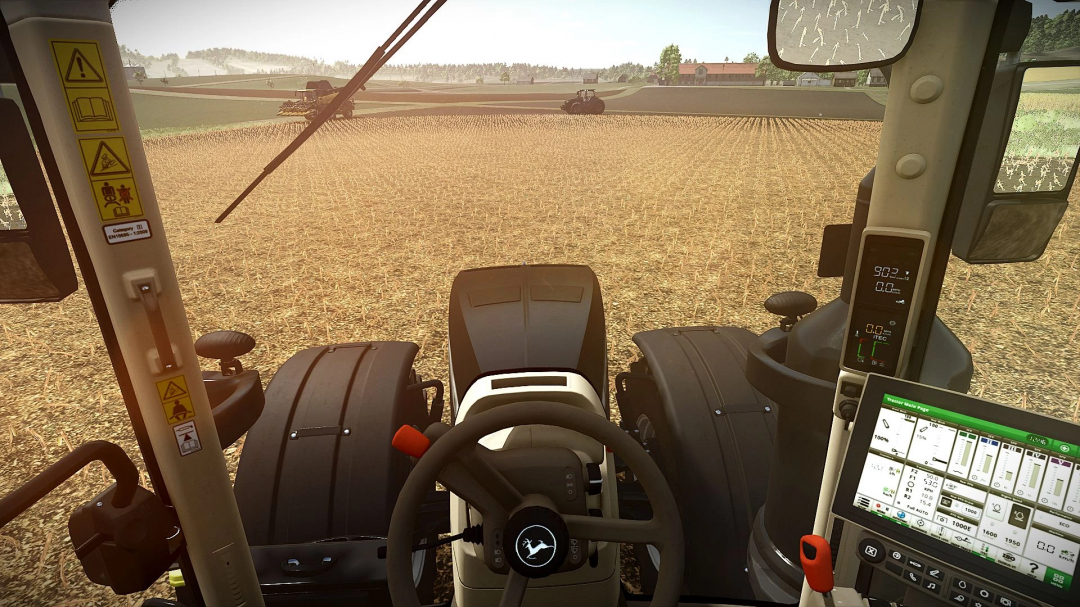 View from inside John Deere 8R 2016 Black Edition mod in FS25, showing a field and agricultural equipment.