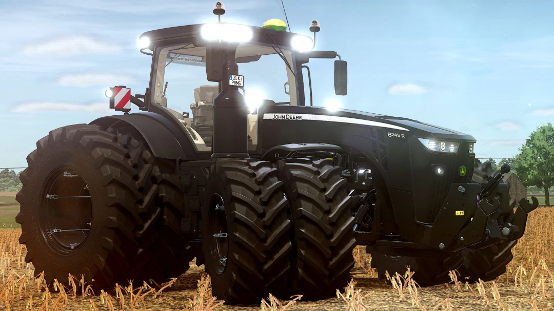 John Deere 8R 2016 Black Edition mod in FS25, showcasing a sleek tractor on a field.