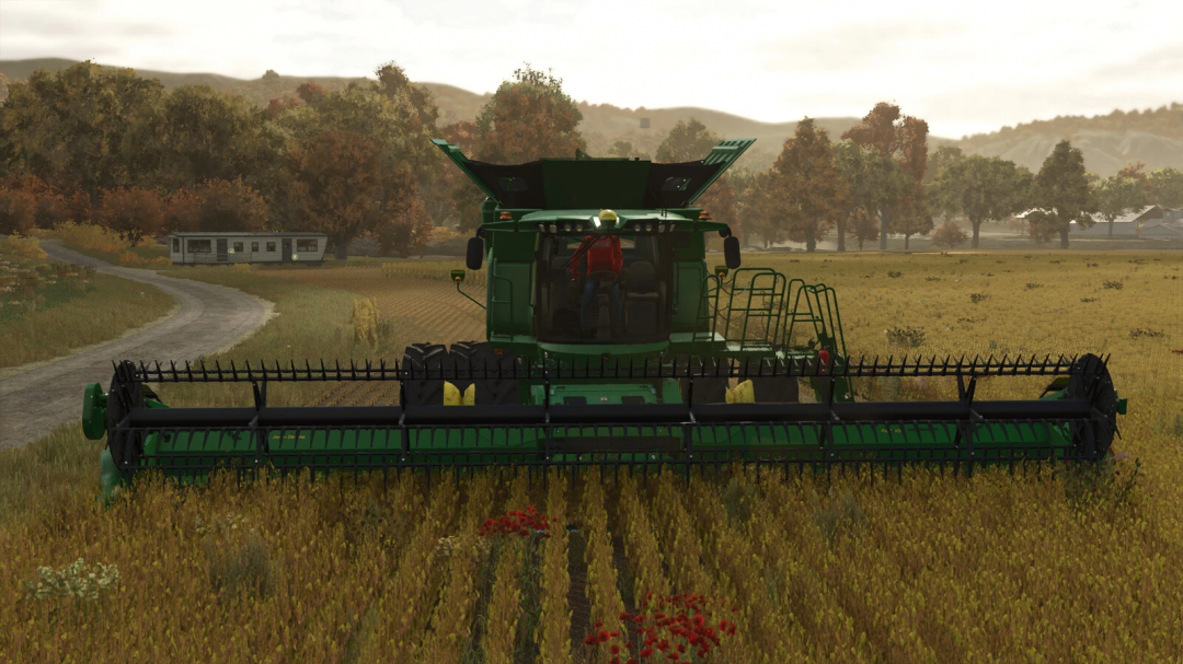 FS25 mod John Deere RD35F US v1.0.0.0 harvesting field with a combine harvester