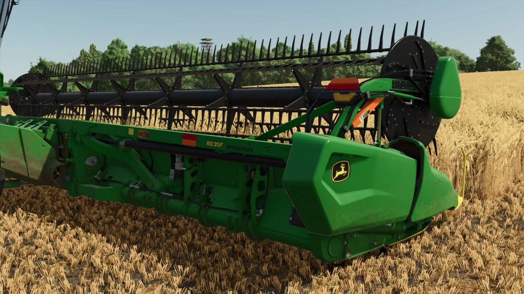 John Deere RD35F mod in FS25, displayed in a wheat field, showcasing farming equipment details.