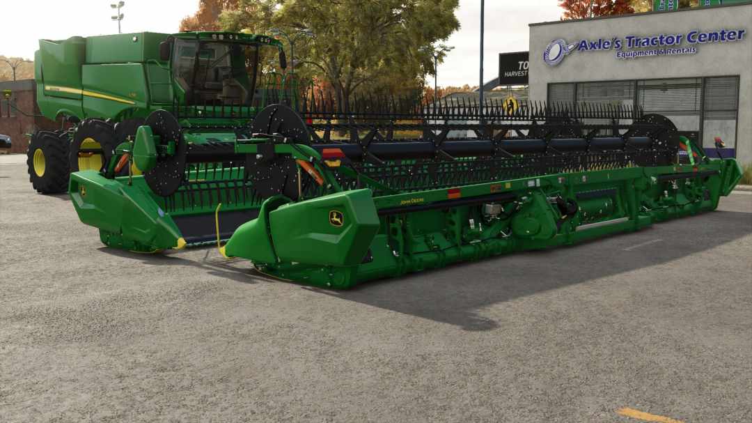 John Deere RD35F mod for FS25 displayed in front of Axle's Tractor Center.