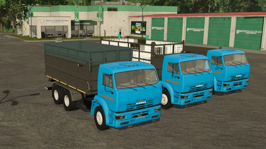 Image of Kamaz 45143 v1.0.0.1 FS25 mod showing three blue trucks parked in Farming Simulator 25.