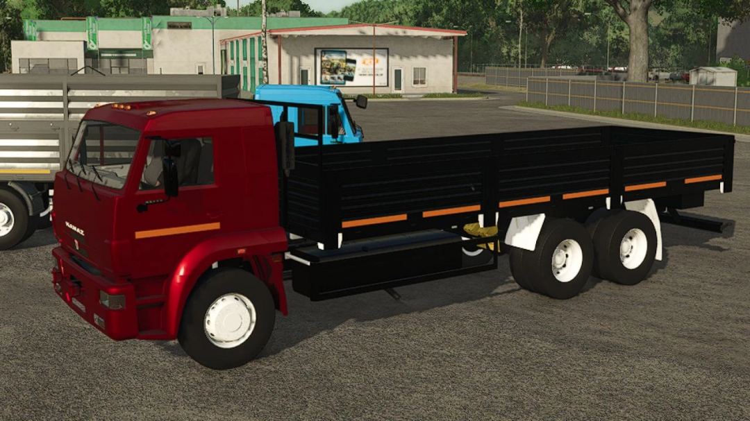 Kamaz 65117 mod in Farming Simulator 25 featuring a red truck with flatbed trailer.