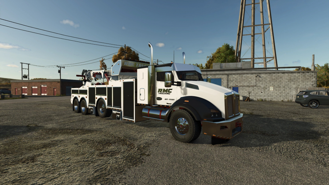 Kenworth T880 Rotator mod in FS25, showcasing a white recovery truck in a yard setting. Farming Simulator 25 mods.