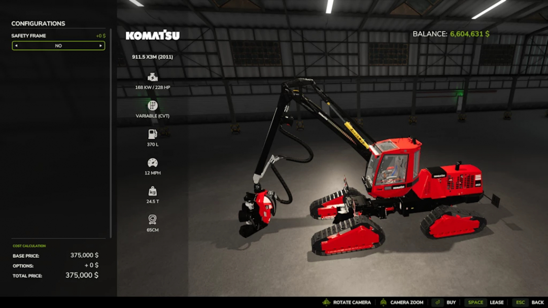 FS25 Komatsu Harvester 911 v1.0.0.0 mod showcasing red harvest machine in a garage, highlighting specifications and price options.