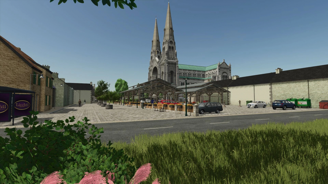 FS25 mod La Ferme de la Vallée Extension v1.2.0.0 featuring a cathedral and market area.