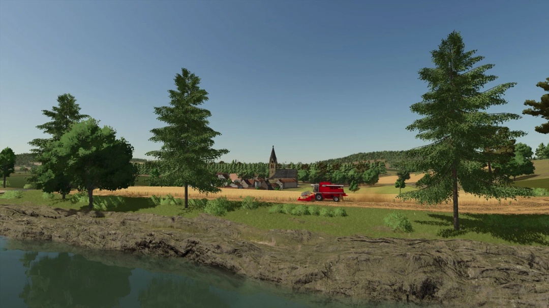 Scenic view of La Ferme de la Vallée with a red tractor in FS25 mod, Farming Simulator 25.