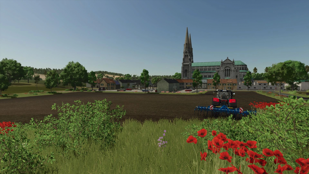 Scenic view of La Ferme de la Vallée in FS25 mod, featuring tractor in field, church, and rural landscape.