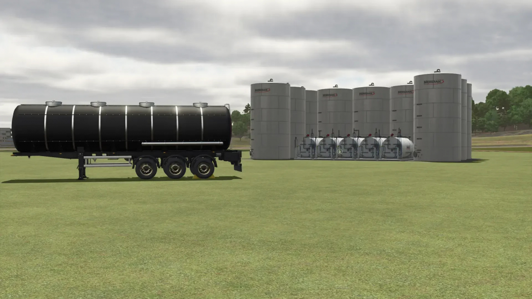 FS25 Liquid Storage And Transport Pack with black tanker and storage tanks in a field