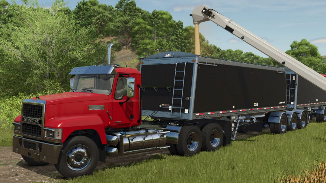 LodeKing Distinction Super-B trailer mod in FS25 unloading grain with a red truck.