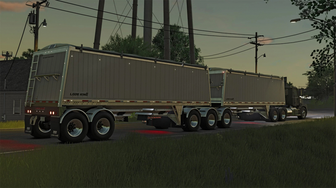 LodeKing Distinction Super-B trailer mod in FS25, shown on a rural road at dusk.