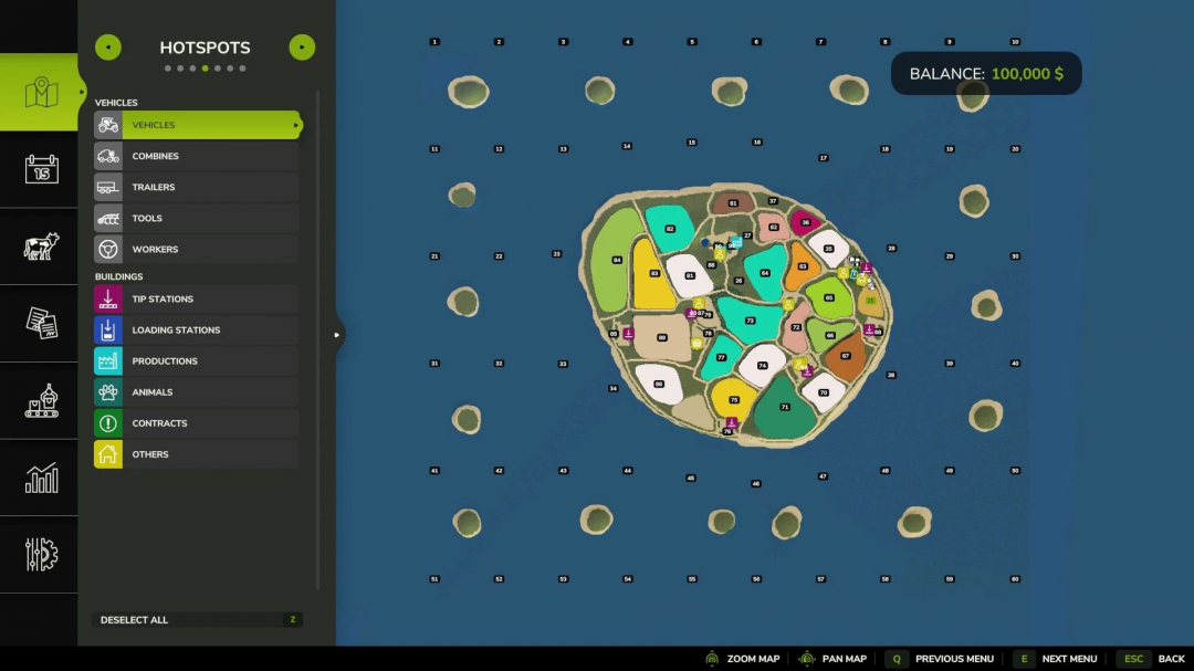 Map interface of FS25 mod Lukah's Island v1.0.0.0 showing various fields and hotspots.