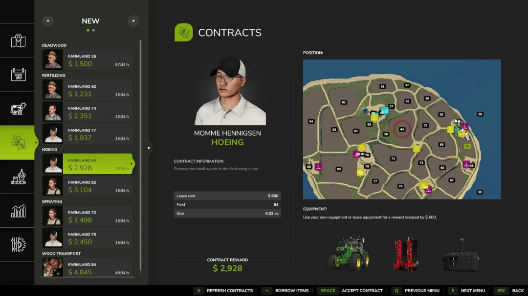 FS25 mod Lukah's Island contract menu showing fields, tasks, and equipment options.