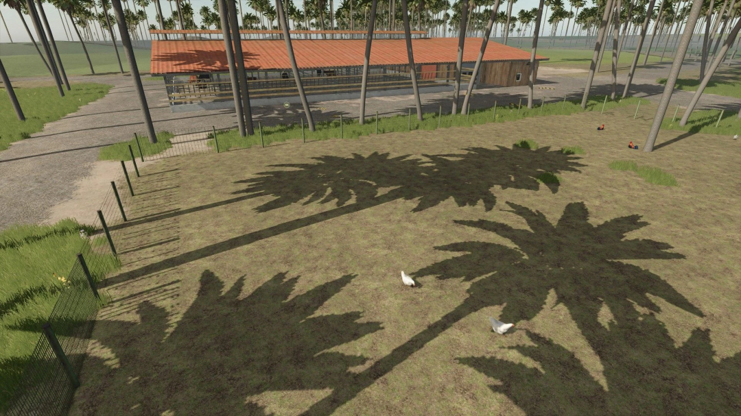 Lukah's Island mod for FS25 shows a farm with palm trees and chickens in a grassy area.