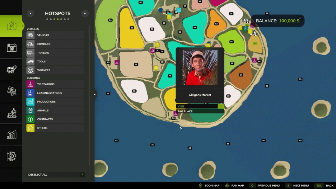 Map view of Lukah's Island mod in Farming Simulator 25 showcasing various fields and Gilligans Market.