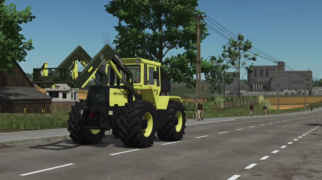 FS25 mod MB Powerlift v1.0.0.0 showcasing a sturdy tractor on a rural road with a front lift attachment.