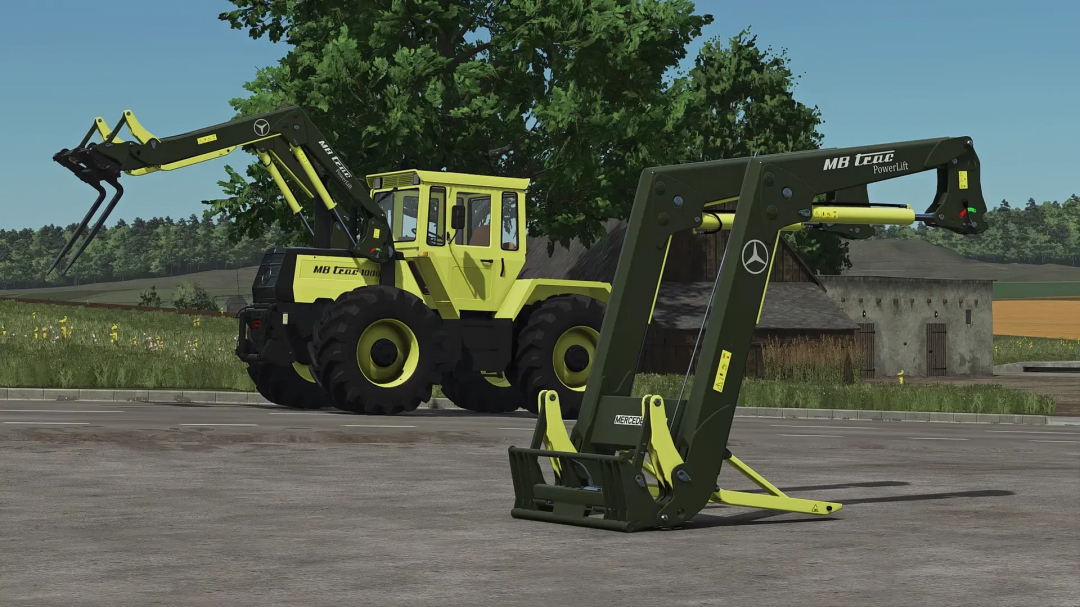 MB Powerlift for Farming Simulator 25, featuring a green and yellow front loader attachment.