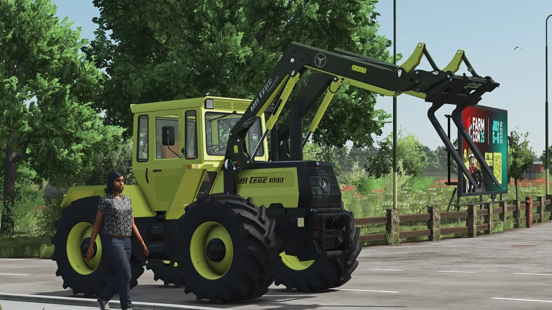 FS25 mod MB Powerlift v1.0.0.0 tractor parked near a road with trees in the background.