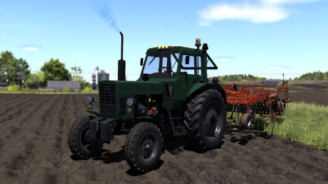 Green MTZ-80 tractor mod in FS25 pulling a plow in a field.